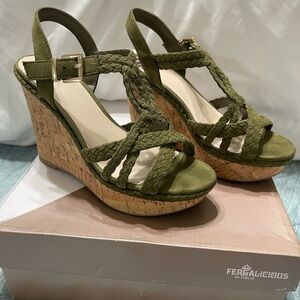 Fergalicious Green Wedge Sandals with Cork Heel